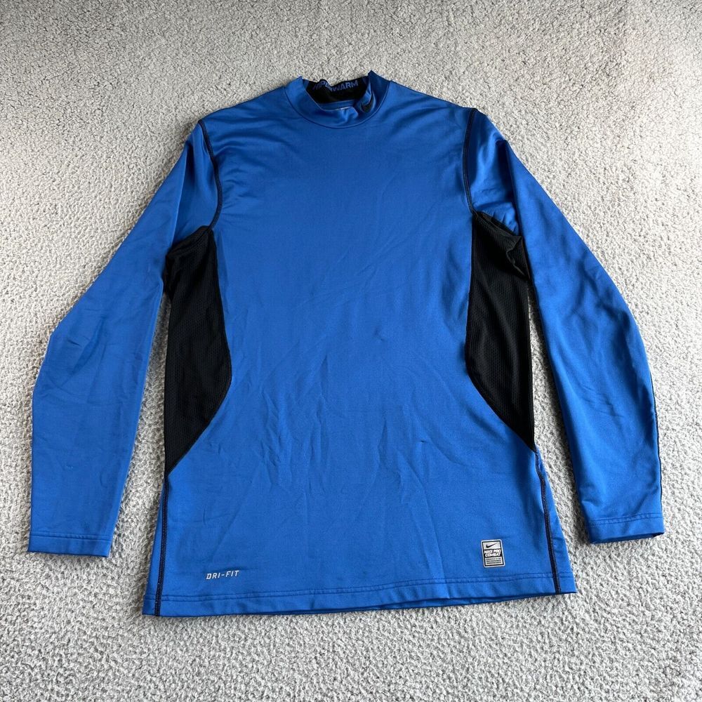 Nike Shirt‎ Mens Large Blue Black Pro Combat Hyper Warm Dri-Fit Athletic Fit Top